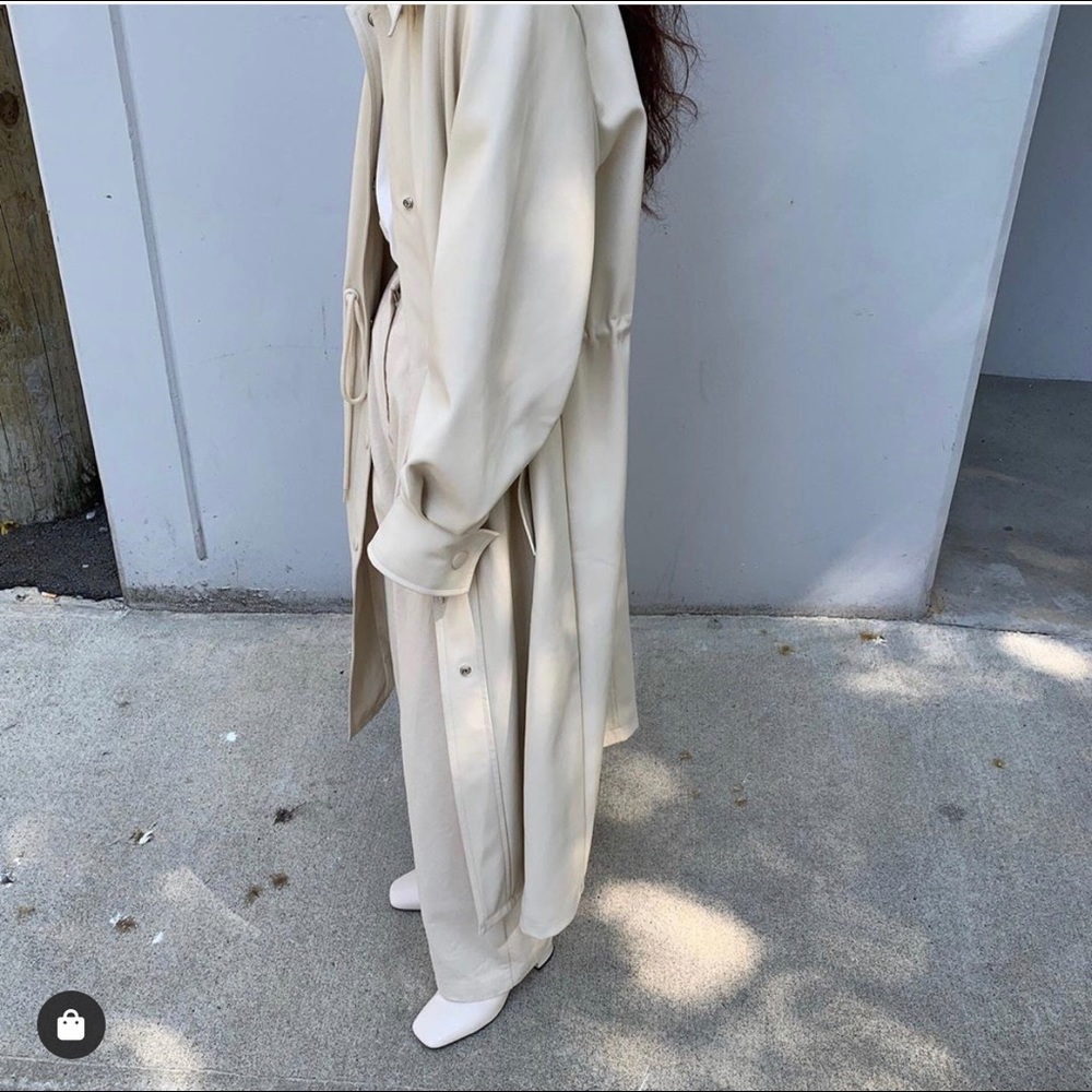 Oak + Fort long Faux Leather Trench Coat in Cream